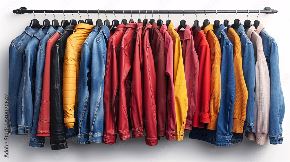 A row of vibrant shirts hanging on a wall, displaying a variety of colors and patterns A row of vibrant shirts hanging on a wall, displaying a variety of colors and patterns