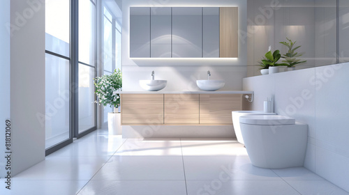 Interior of light restroom with ceramic toilet bowl 