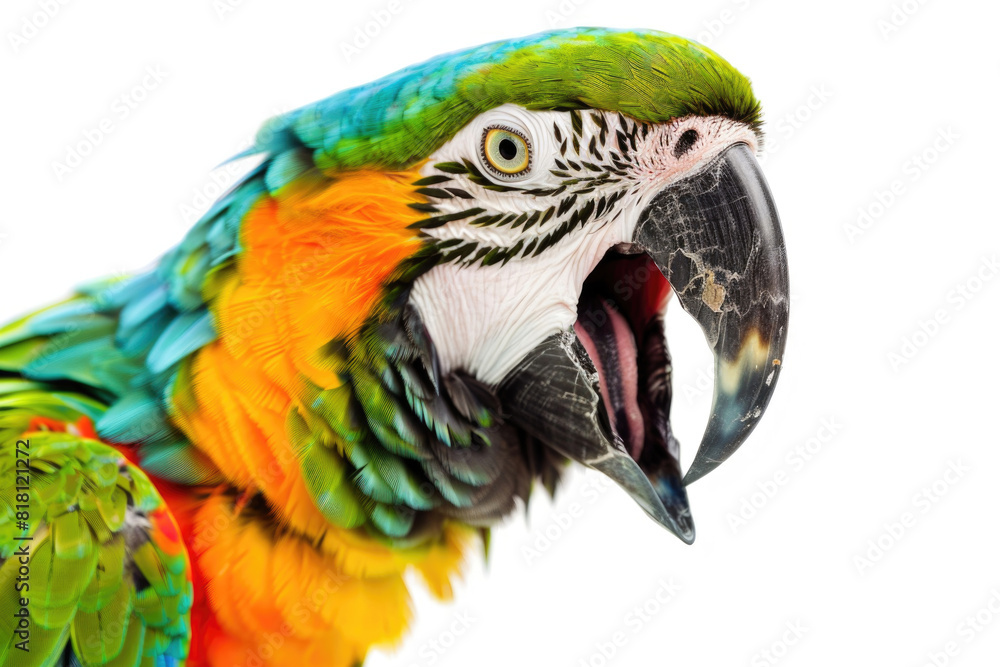 A parrot mimicking a human laugh, beak open, isolated on a white background