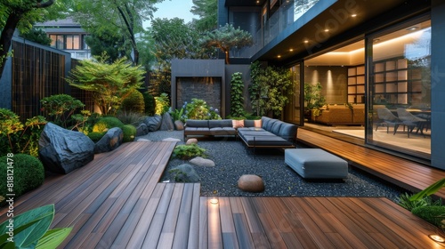 Modern home garden with a clean-lined wooden deck  minimalist outdoor furniture  and subtle lighting
