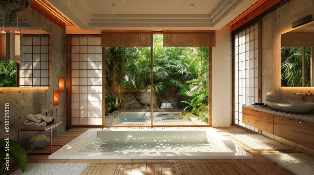Modern Japanese bathroom with a deep soaking tub, bamboo accents, and ...