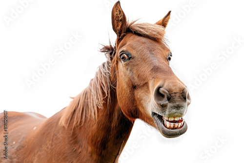 A horse grinning broadly, showing teeth, isolated on a white background © Venka