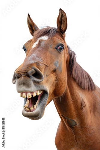 A horse grinning broadly  showing teeth  isolated on a white background