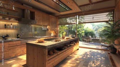 Modern Japanese kitchen with bamboo accents  a large island  and stone countertops