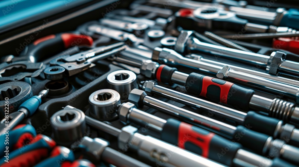 Fototapeta premium A toolbox filled with essential tools used by mechanics to diagnose and repair engine problems