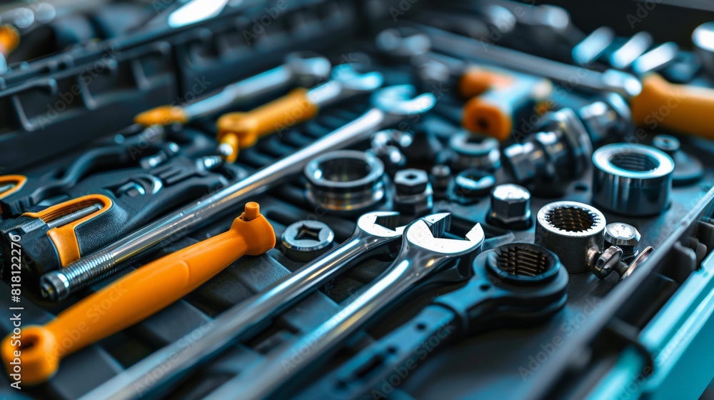 A toolbox filled with essential tools used by mechanics to diagnose and repair engine problems A toolbox filled with essential tools used by mechanics to diagnose and repair engine problems