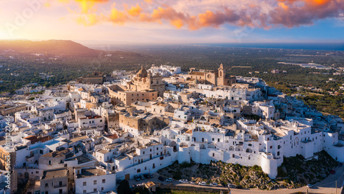 View of Ostuni white town, Brindisi, Puglia (Apulia), Italy, Europe. Old Town is Ostuni's citadel. Ostuni is referred to as the White Town. Ostuni white town skyline and church, Brindisi, Italy.