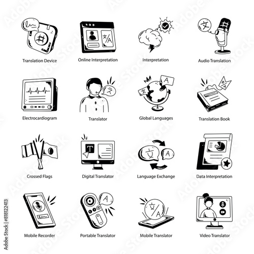 Collection of 16 Doodle Style Interpreter Icons

