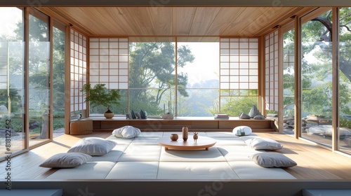 Modern Japanese living room with a clean  minimalist design  natural wood elements  and floor-to-ceiling windows