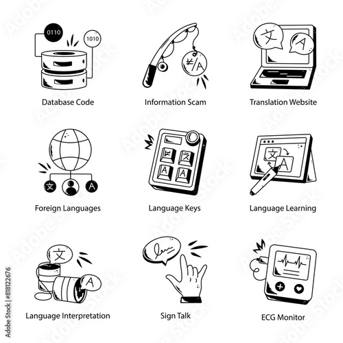 Bundle of Language Services Hand Drawn Icons 

