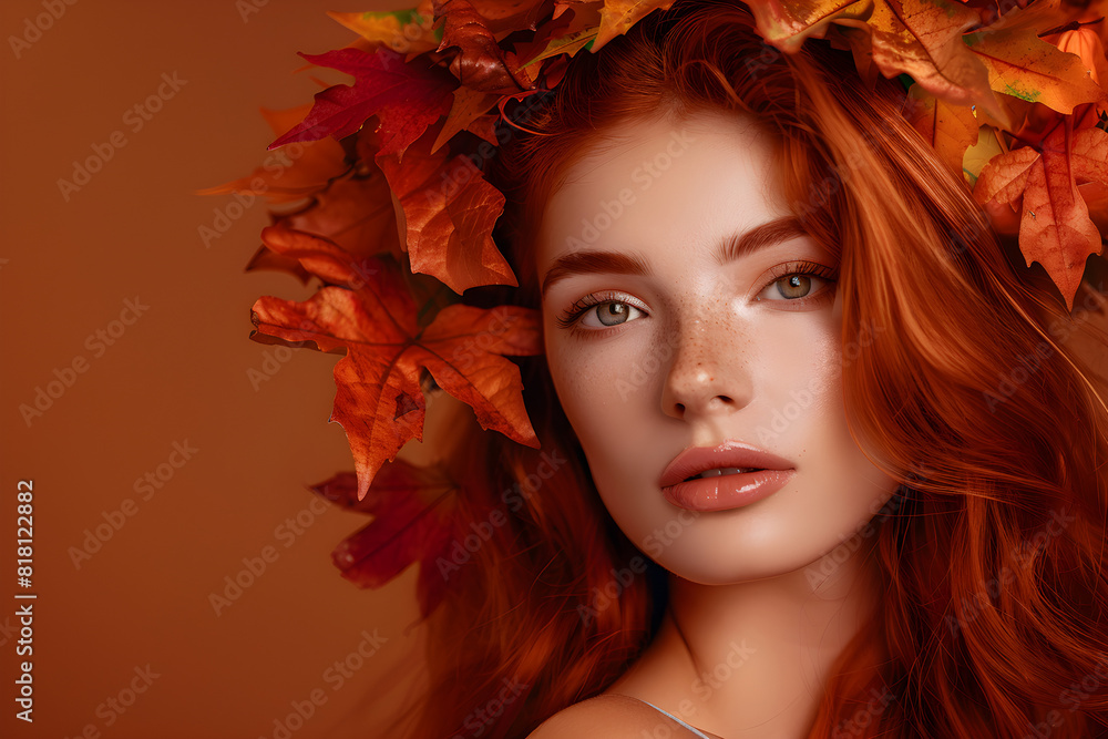 Picture of an attractive redhead woman model symbolizing the autumn season, suitable for fashion and lifestyle content. Picture of an attractive redhead woman model symbolizing the autumn season, suitable for fashion and lifestyle content.