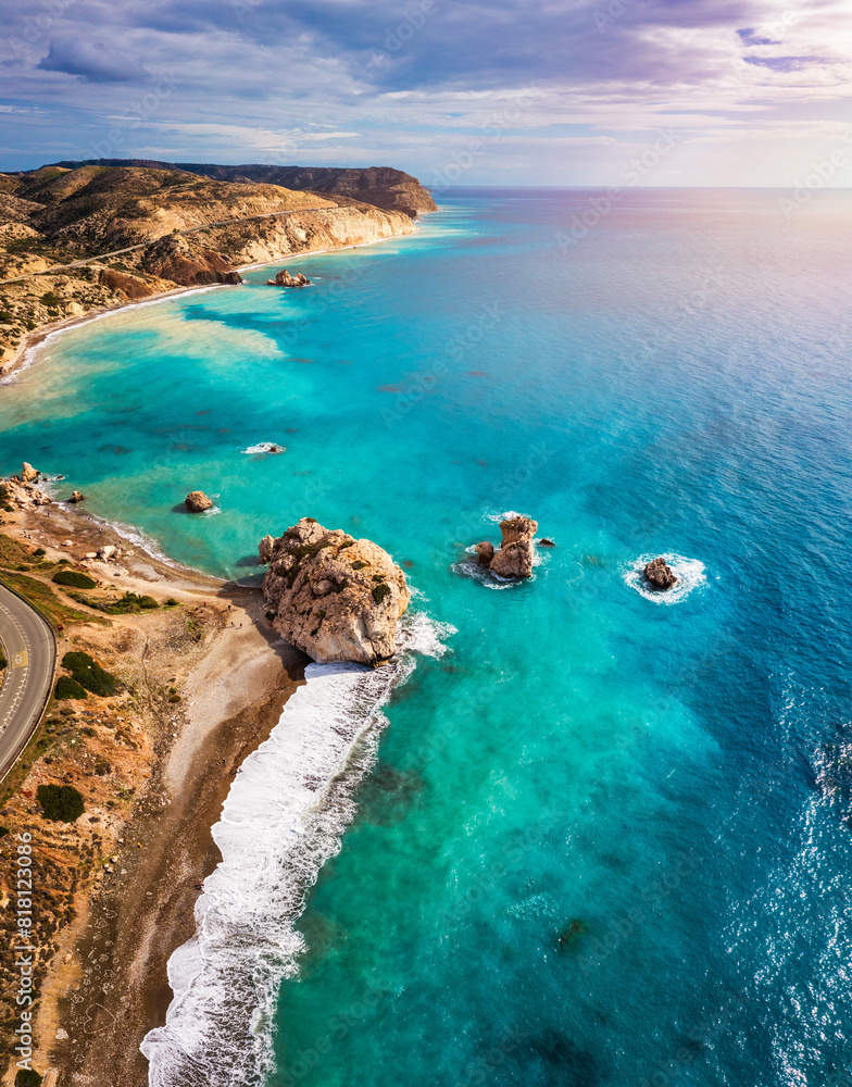 Petra tou Romiou (Aphrodite's Rock) the birthplace of Aphrodite, Paphos, Cyprus. Aerial view of Petra tou Romiou, aka Aphrodite's rock a famous tourist travel destination landmark in Paphos, Cyprus.
