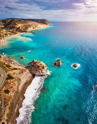 Obraz na płótnie Petra tou Romiou (Aphrodite's Rock) the birthplace of Aphrodite, Paphos, Cyprus. Aerial view of Petra tou Romiou, aka Aphrodite's rock a famous tourist travel destination landmark in Paphos, Cyprus. w salonie