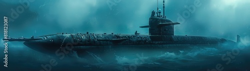 A naval submarine surfaces, breaking the waters calm, a leviathan awakening from the deep to stand sentinel photo