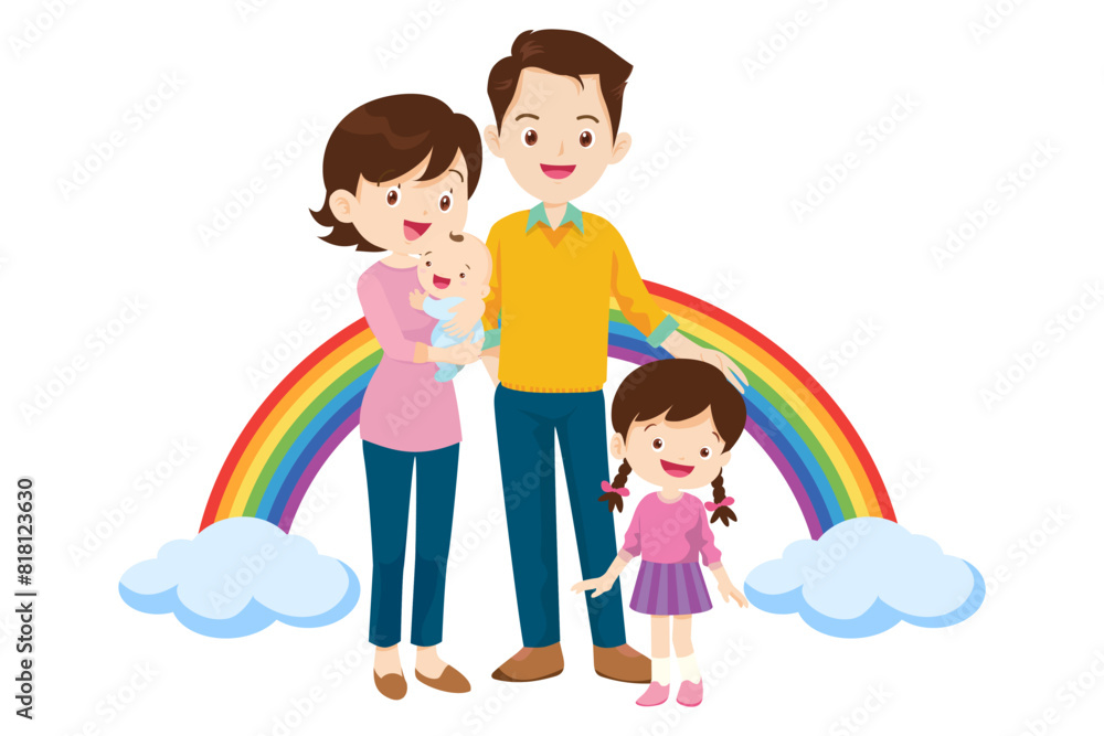 Happy big family in front of house ,rainbow