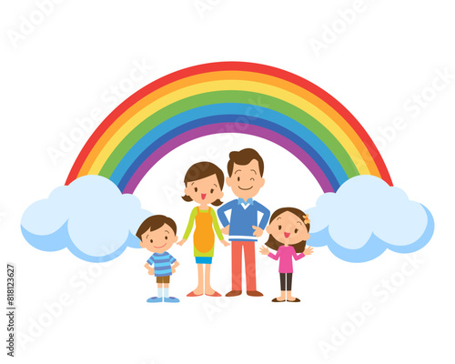 Happy big family in front of house ,rainbow
