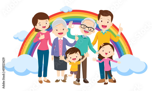 Happy big family in front of house  rainbow