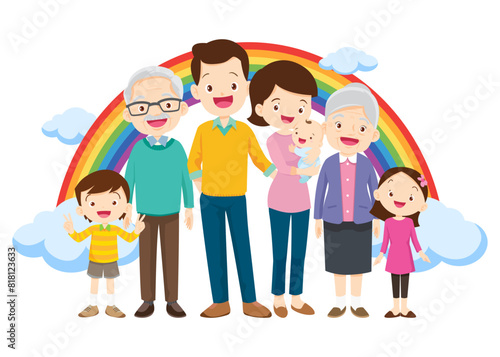Happy big family in front of house ,rainbow