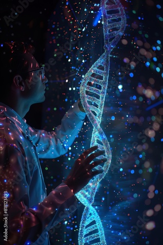 A researcher summons a DNA helix in virtual space, biocomputing photo