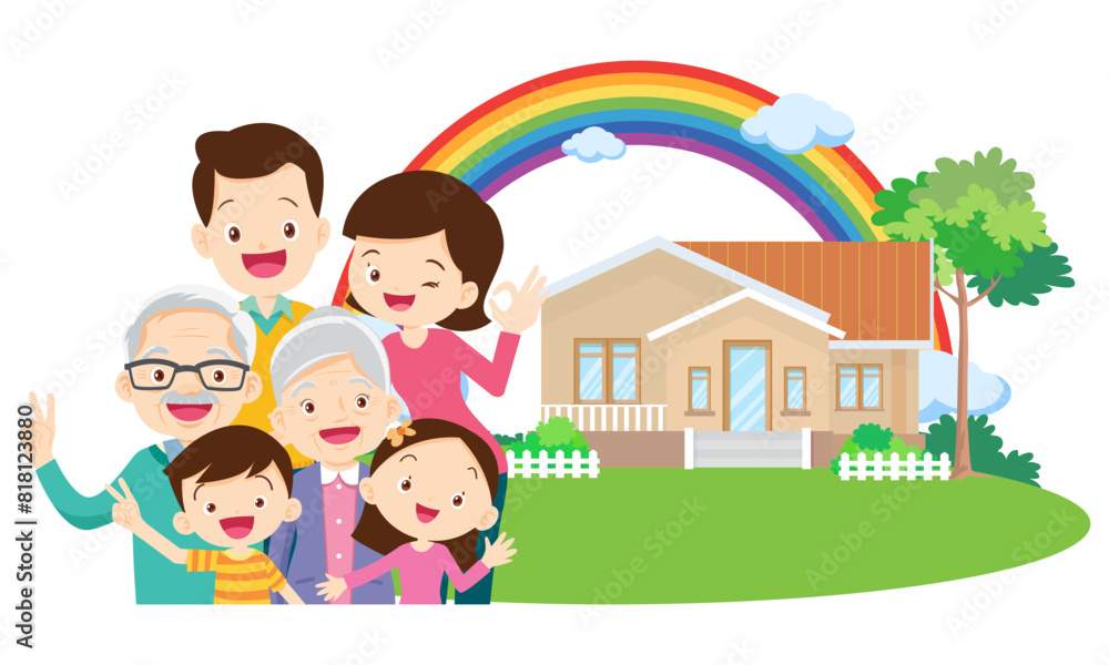 Happy big family in front of house ,rainbow