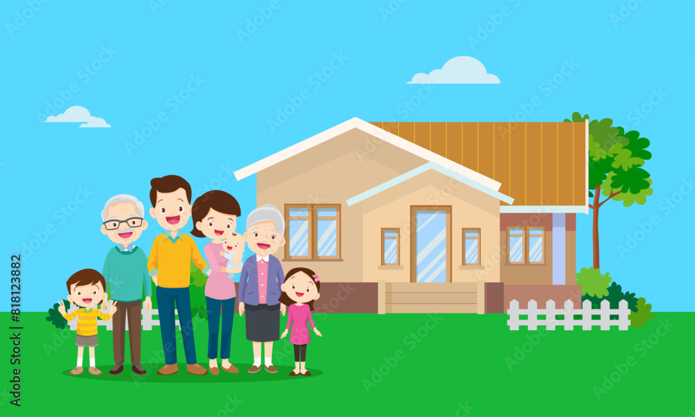 Happy big family in front of house ,rainbow Happy big family in front of house ,rainbow