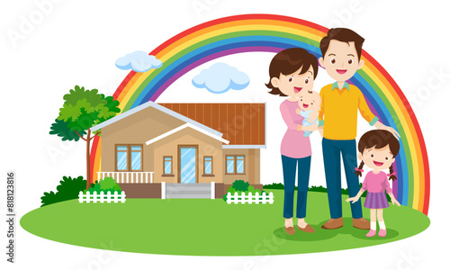 Happy big family in front of house  rainbow