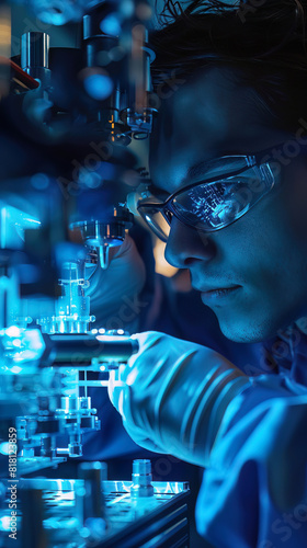 A scientist adjusting a nanoscale fabrication machine, capable of constructing atomically precise structures photo