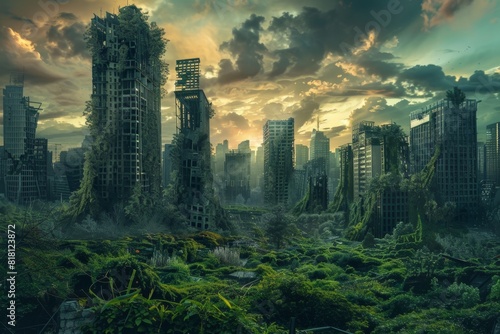 Dramatic Post-Apocalyptic City Skyline with Overgrown Greenery and Crumbling Buildings