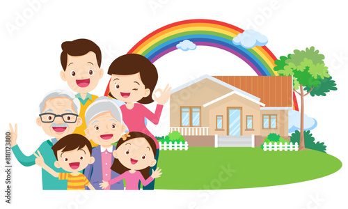 Happy big family in front of house ,rainbow