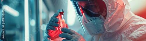 A scientist in a hazmat suit examines a vial of glowing liquid, labeled as a potent chemical weapon in a high security lab