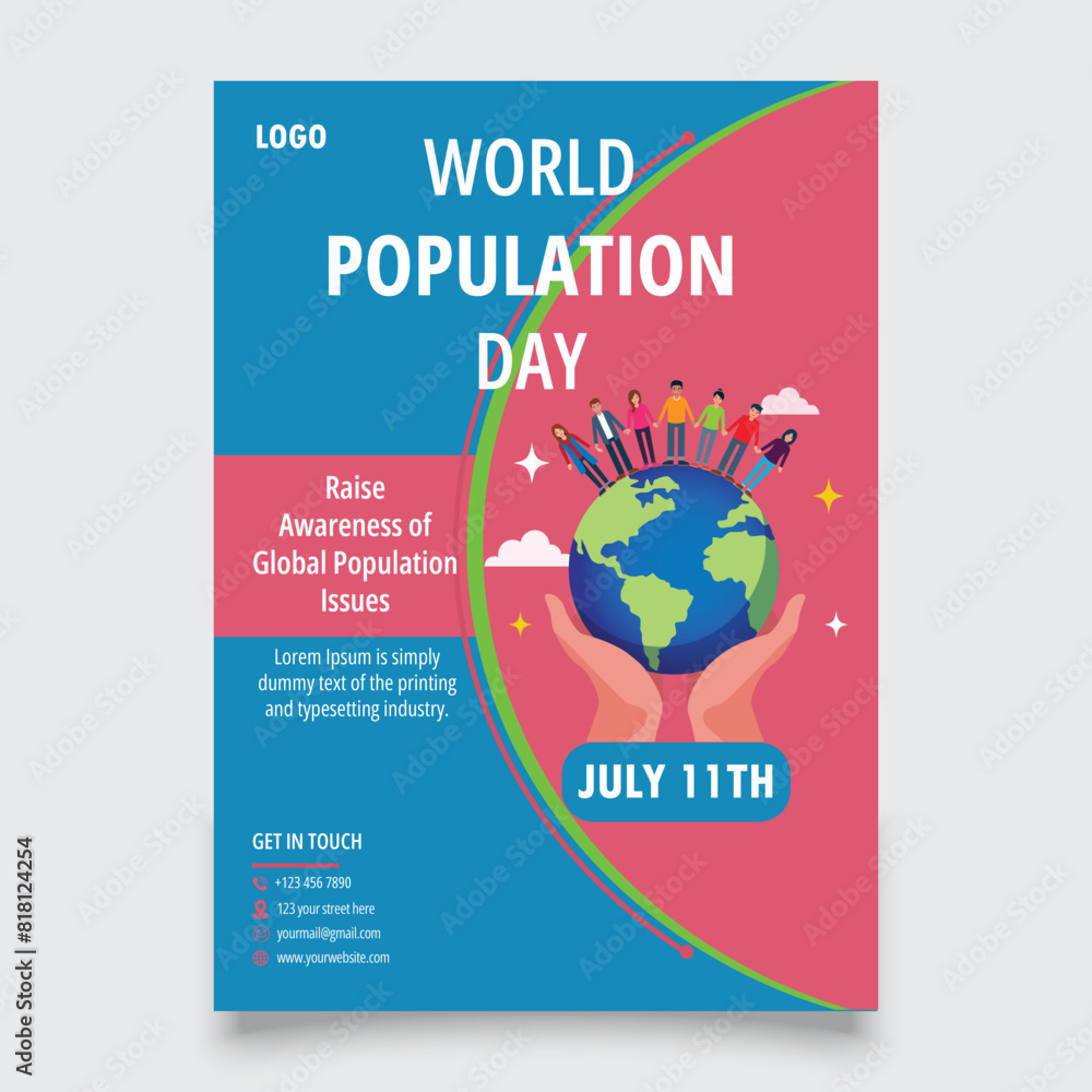 Fototapeta premium Flat vector World Population Day poster flyer design template 