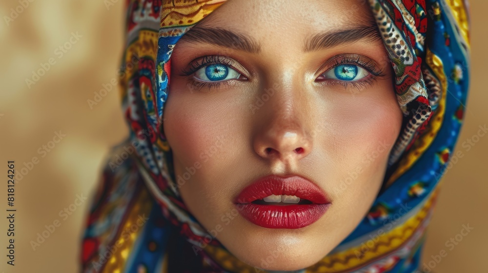 Obraz premium Striking Portrait of Exotic Woman with Blue Eyes and Colorful Headscarf