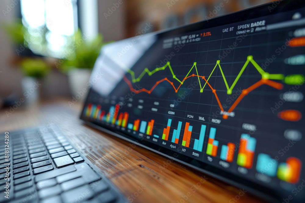 A line graph with a clear upward trend sits on a computer screen, representing key financial metrics. A line graph with a clear upward trend sits on a computer screen, representing key financial metrics.