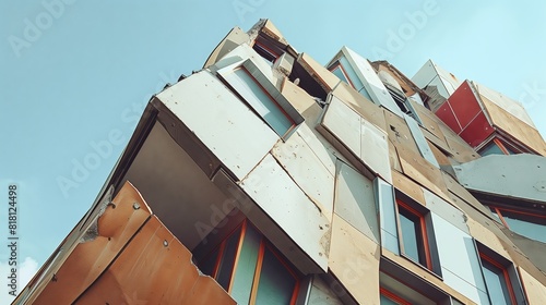 Deconstructivist building: fragmented, asymmetrical, irregular shapes, sharp angles, diverse materials. photo
