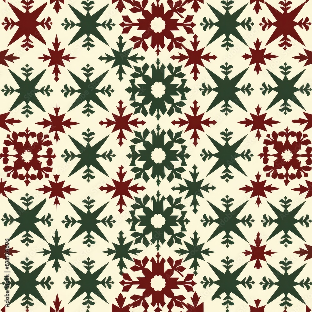 A symmetrical pattern of kaleidoscopic snowflakes in shades of green and red