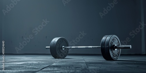 A barbell resting on the gym floor. The barbell is black and has a shiny metal finish. The floor is made of gray rubber. The background is a dark blue wall.