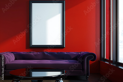 Minimalist interior with one large frame on a deep red wall, plush purple sofa, and a high-gloss black table. photo