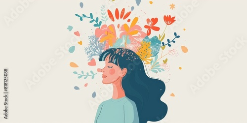 A woman with flowers in her head. The flowers are colorful and bright. The woman is at peace. She is happy.