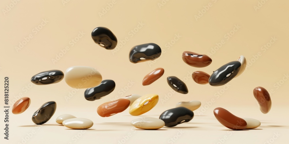 Black, pinto, kidney, and white beans falling against a beige background. Black, pinto, kidney, and white beans falling against a beige background.