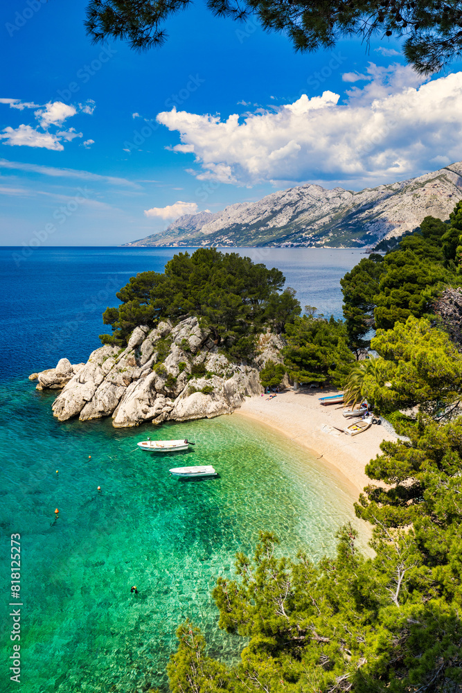 Amazing aerial view of the beautiful Podrace beach in Brela, Makarska Riviera, Croatia. Aerial view of Podrace beach and waterfront on Makarska riviera, Brela, Dalmatia region of Croatia.