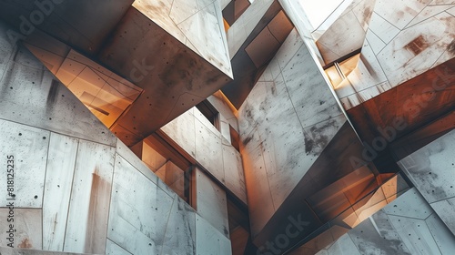 Deconstructivist building with fragmented shapes, sharp angles, showcasing the style. photo