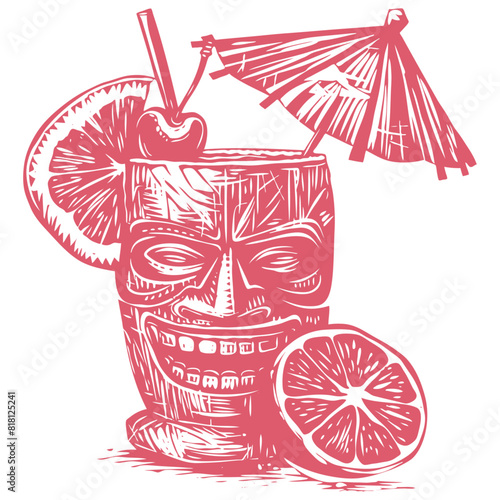 Tiki mug with tropical cocktail, vector illustration