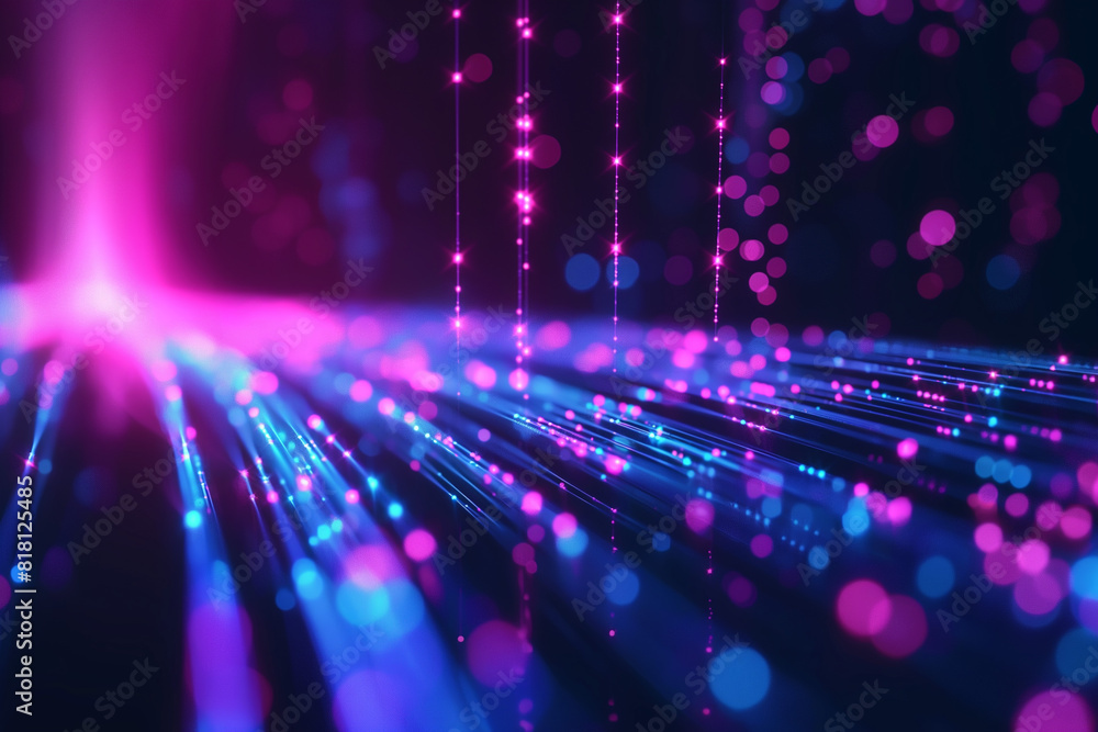 Glowing neon lines and particles, Illustration of vibrant neon lines with bokeh effect on a dark background, depicting high-speed data or futuristic technology