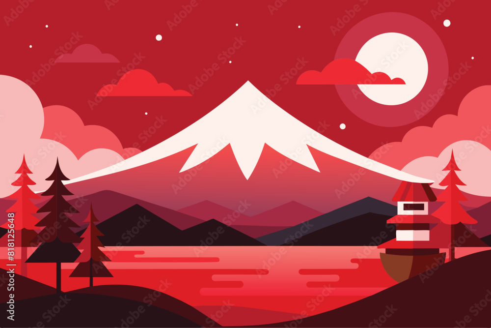 Japan Mount Fuji, autumn season, clear cloudy red sky at dusk, red forest, lake and mountains, moon. Japan nature landscape vector illustration