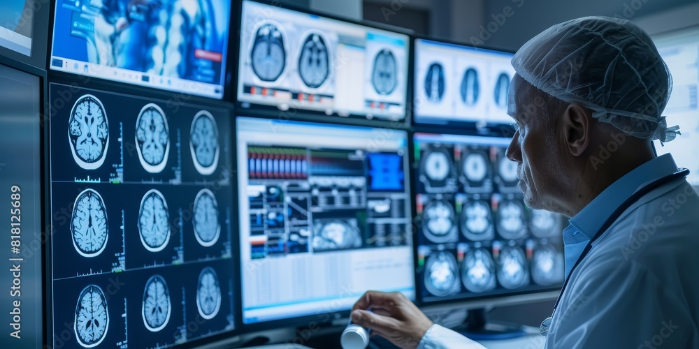 Doctor analyzing brain scans on multiple computer screens. Doctor analyzing brain scans on multiple computer screens.