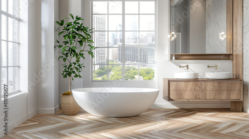 Stylish bathroom interior with parquet floor window