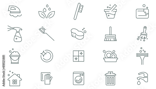 House cleaning icons set. Cleaning Washing machine, Housekeeping service and Maid cleaner equipment, housework, Window cleaning, Wipe off, laundry washing machine line icon collection.