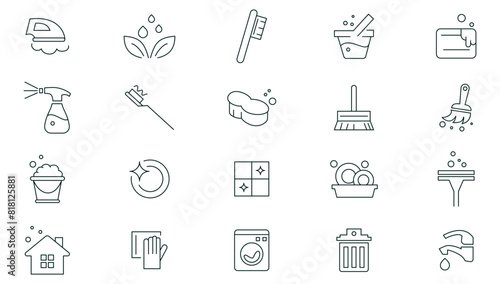 House cleaning icons set. Cleaning Washing machine, Housekeeping service and Maid cleaner equipment, housework, Window cleaning, Wipe off, laundry washing machine line icon collection. photo