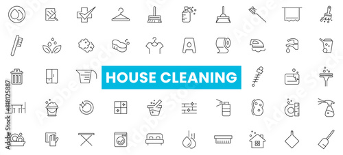 House cleaning icons set. Cleaning Washing machine, Housekeeping service and Maid cleaner equipment, housework, Window cleaning, Wipe off, laundry washing machine line icon collection.