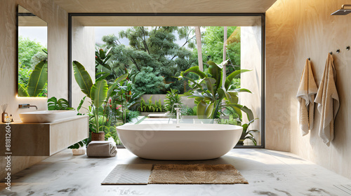 Stylish bathroom with beige walls concrete flooring background